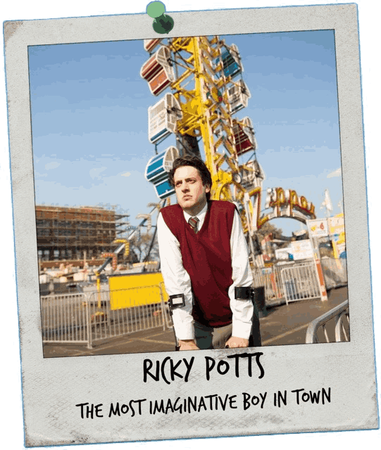 A taped polaroid picture of Ricky Potts. The handwritten text on the polaroid reads 'RICKY POTTS, THE MOST IMAGINATIVE BOY IN TOWN'